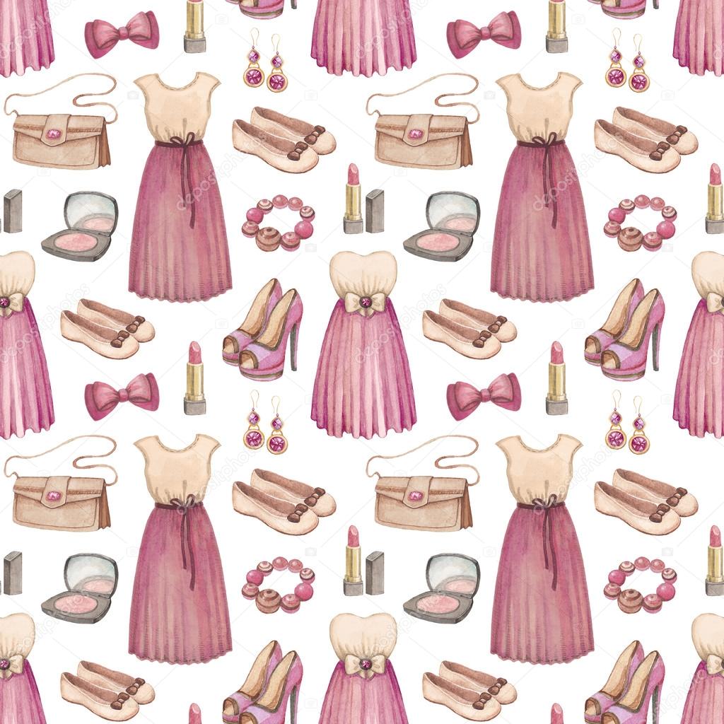 Watercolor fashion illustrations collection. Seamless pattern