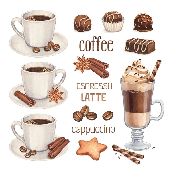 Ilustraciones en acuarela de taza de café y dulces de chocolate —  Fotos de Stock