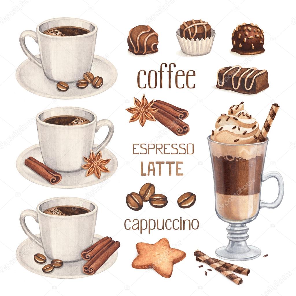 Watercolor illustrations of coffee cup and chocolate sweets