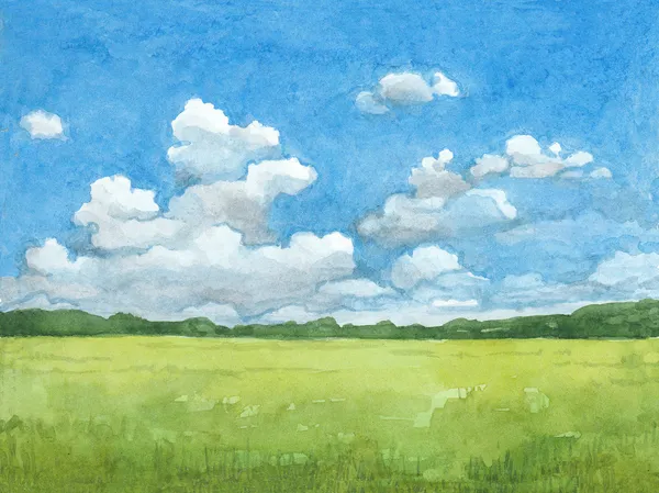 Watercolor illustration of rural landscape — Stock Photo, Image