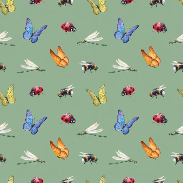 Padrão sem costura com ilustrações de insetos aquarela — Fotografia de Stock