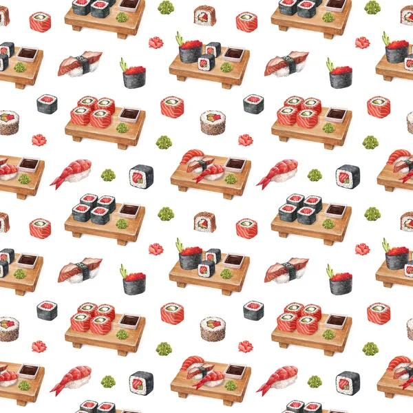 ซูชิแสนอร่อย รูปแบบสีน้ําแบบไร้เย็บ — ภาพถ่ายสต็อก