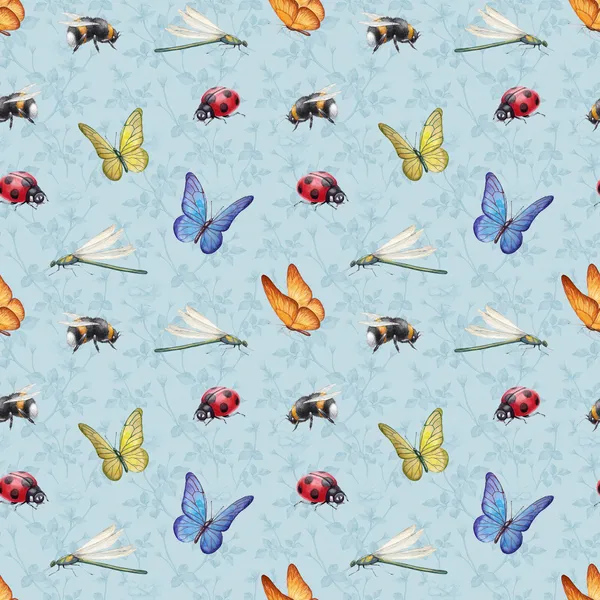 Aquarell Insekten Illustrationen. nahtloses Muster — Stockfoto