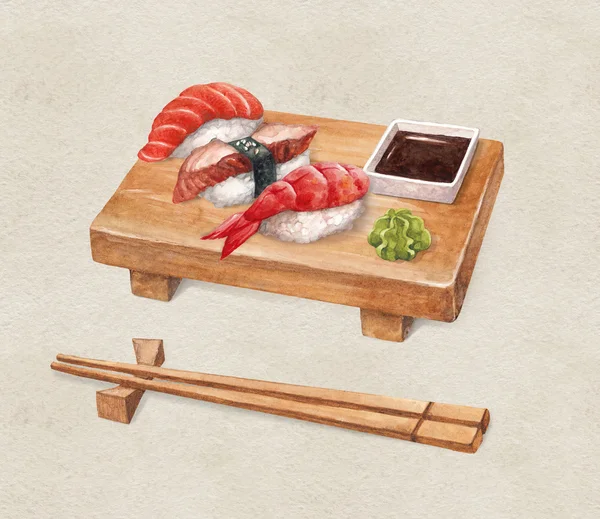 美味的寿司。watercollor 插图 — 图库照片