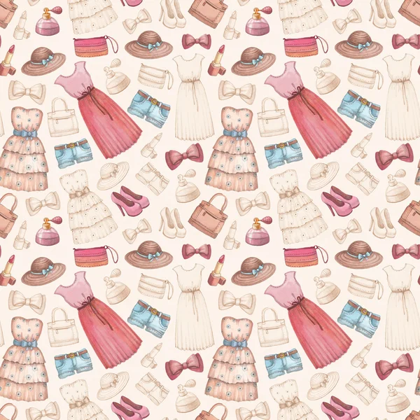 Dresses and accessories pencil drawings. Seamless pattern — Stock Photo, Image