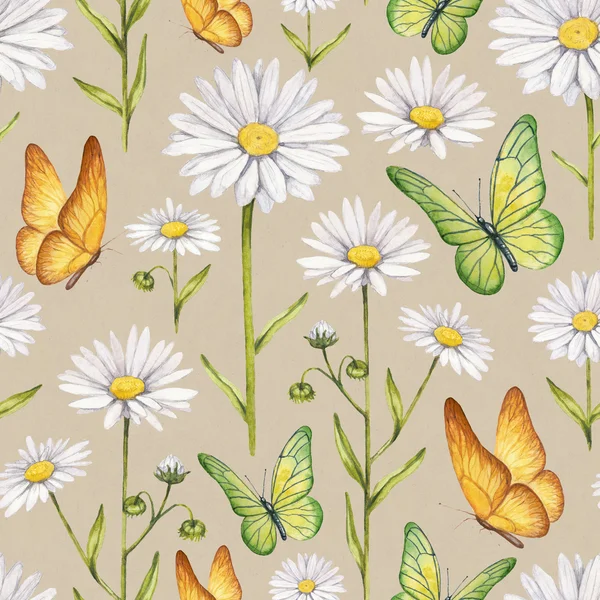 Camomile flowers and butterflies illustration. Watercolor seamless pattern — Stock Photo, Image