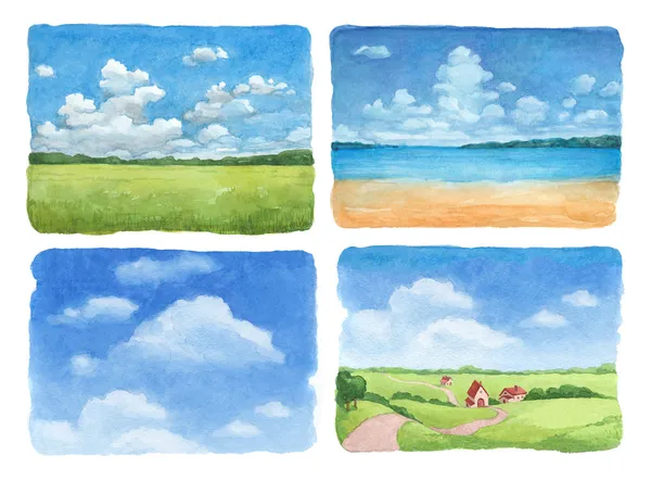 Aquarel illustraties set van een zomer-landschap — Stockfoto