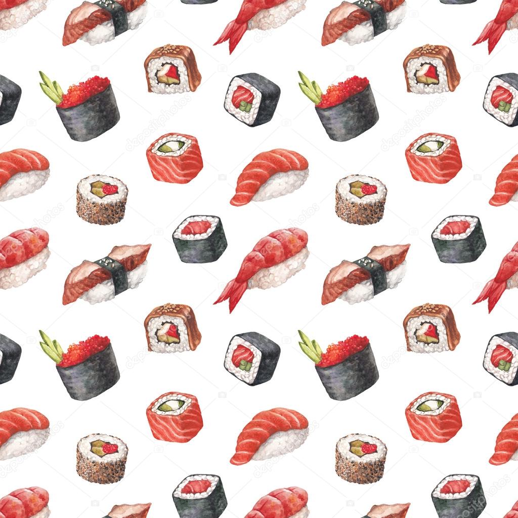 Delicious sushi. Watercolor seamless pattern