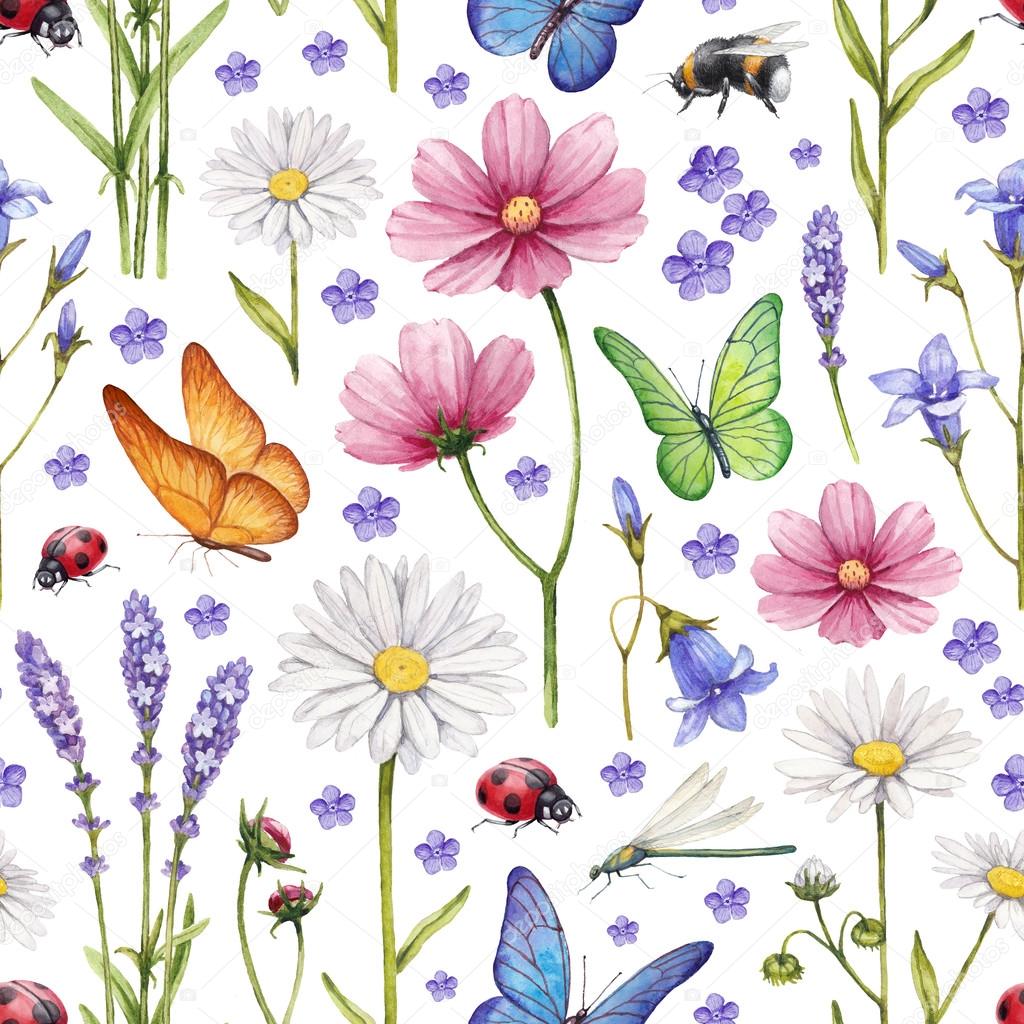 Wild flowers and insects illustration. Watercolor summer pattern