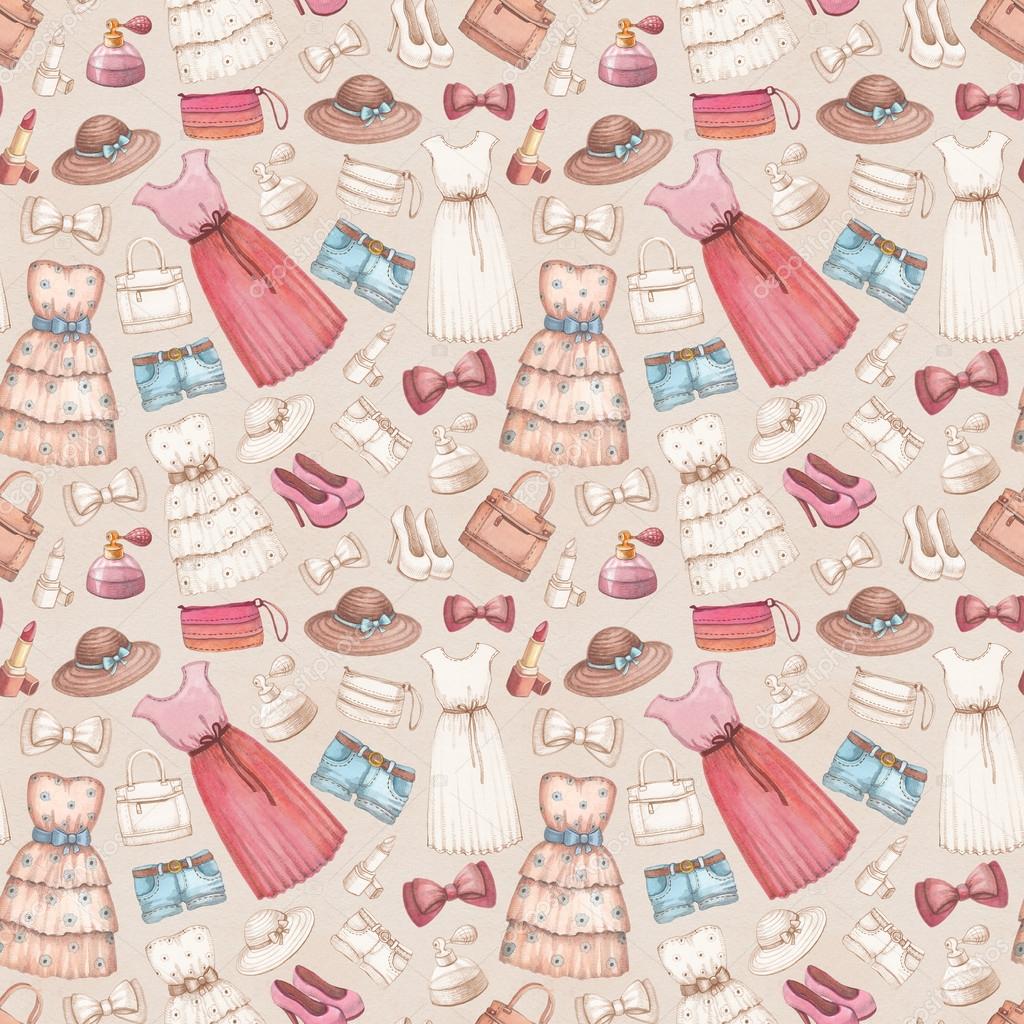 Dresses and accessories pencil drawings. Seamless pattern — Stock Photo