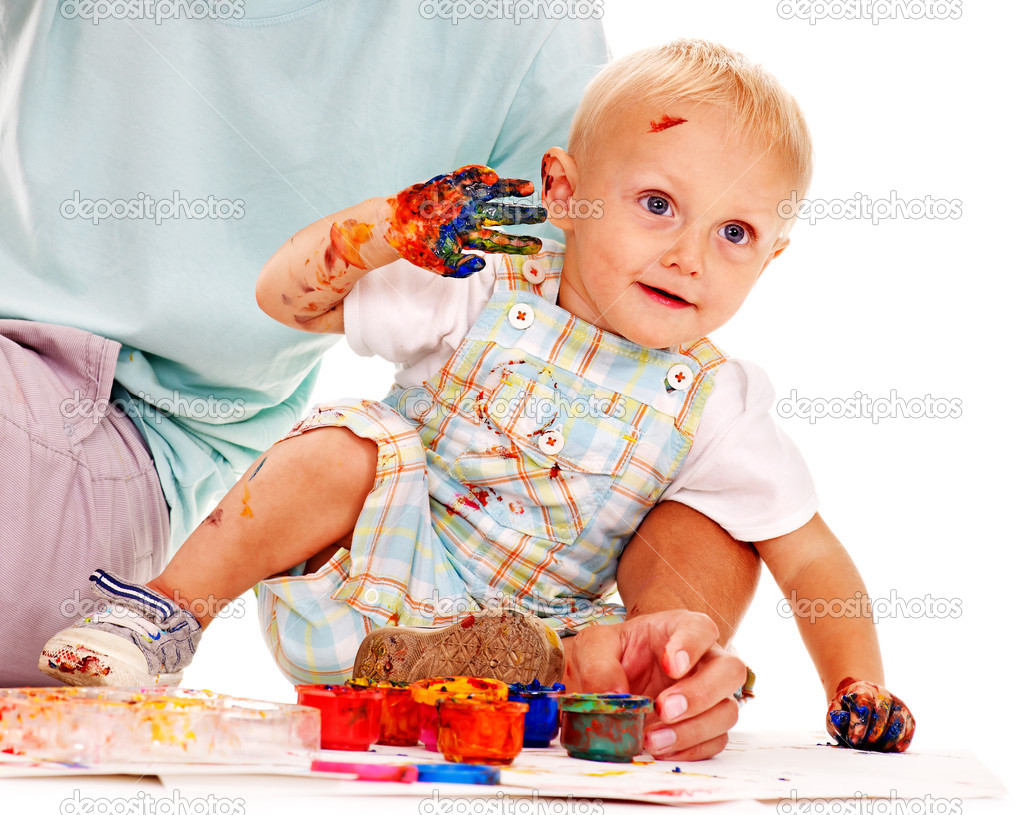 Child painting by finger paint. Stock Photo by ©poznyakov 12100227