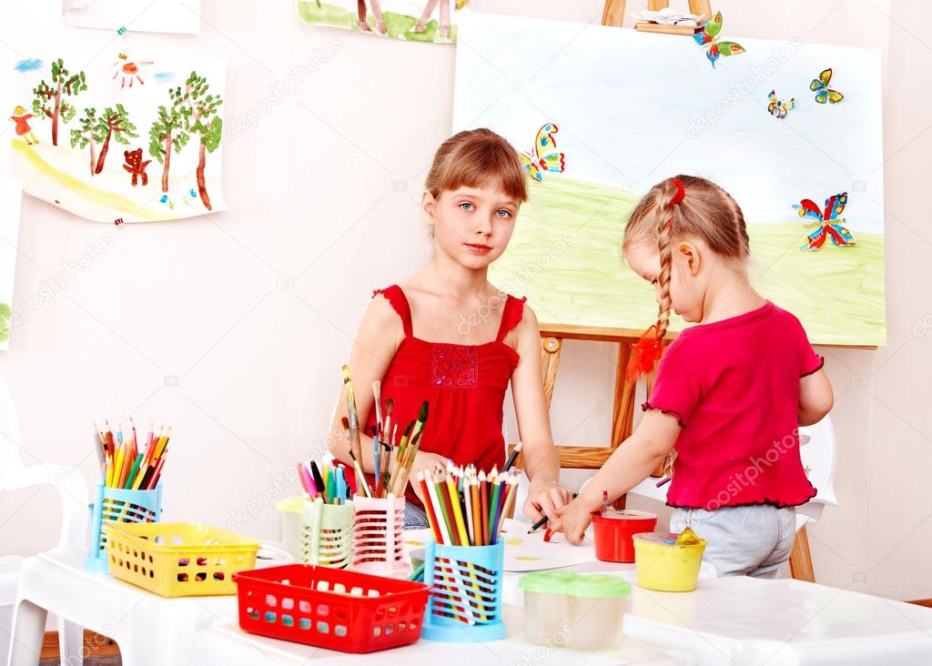Children painting colour pencil .