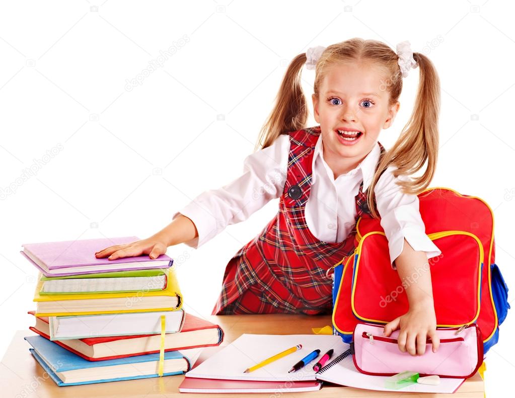 Child with stack book.