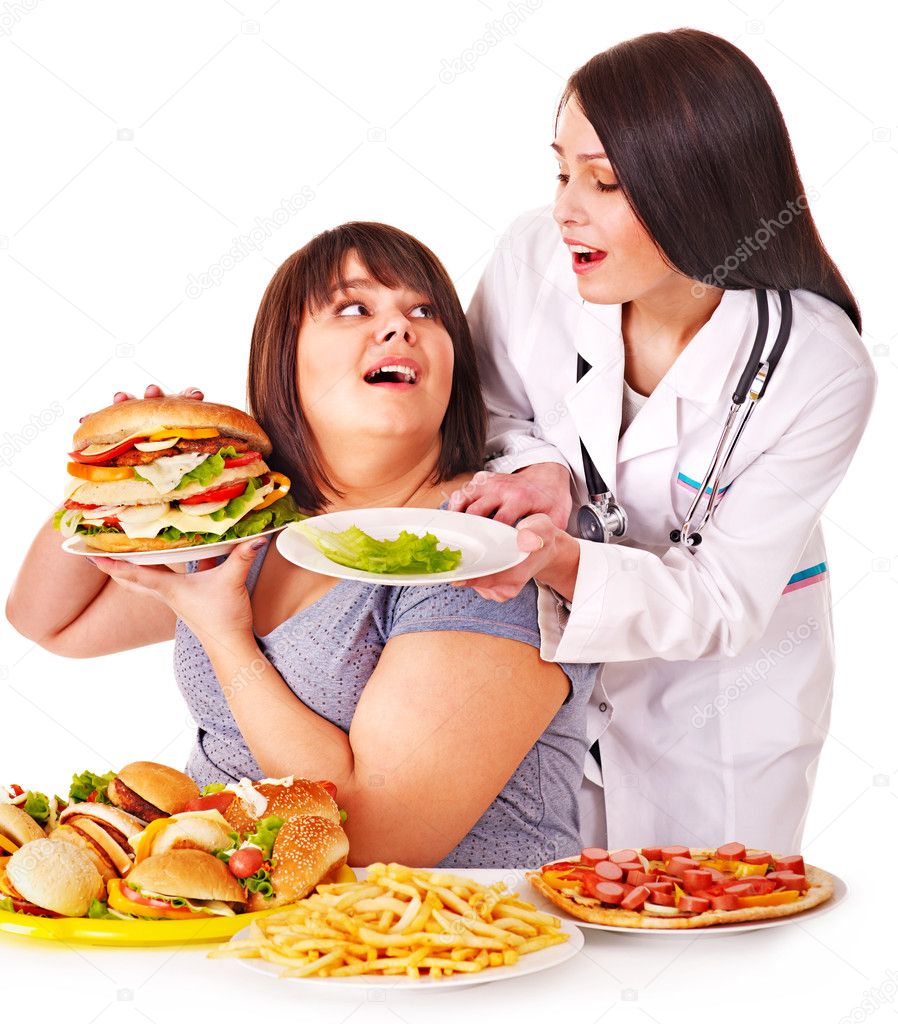 Woman with hamburger and doctor.