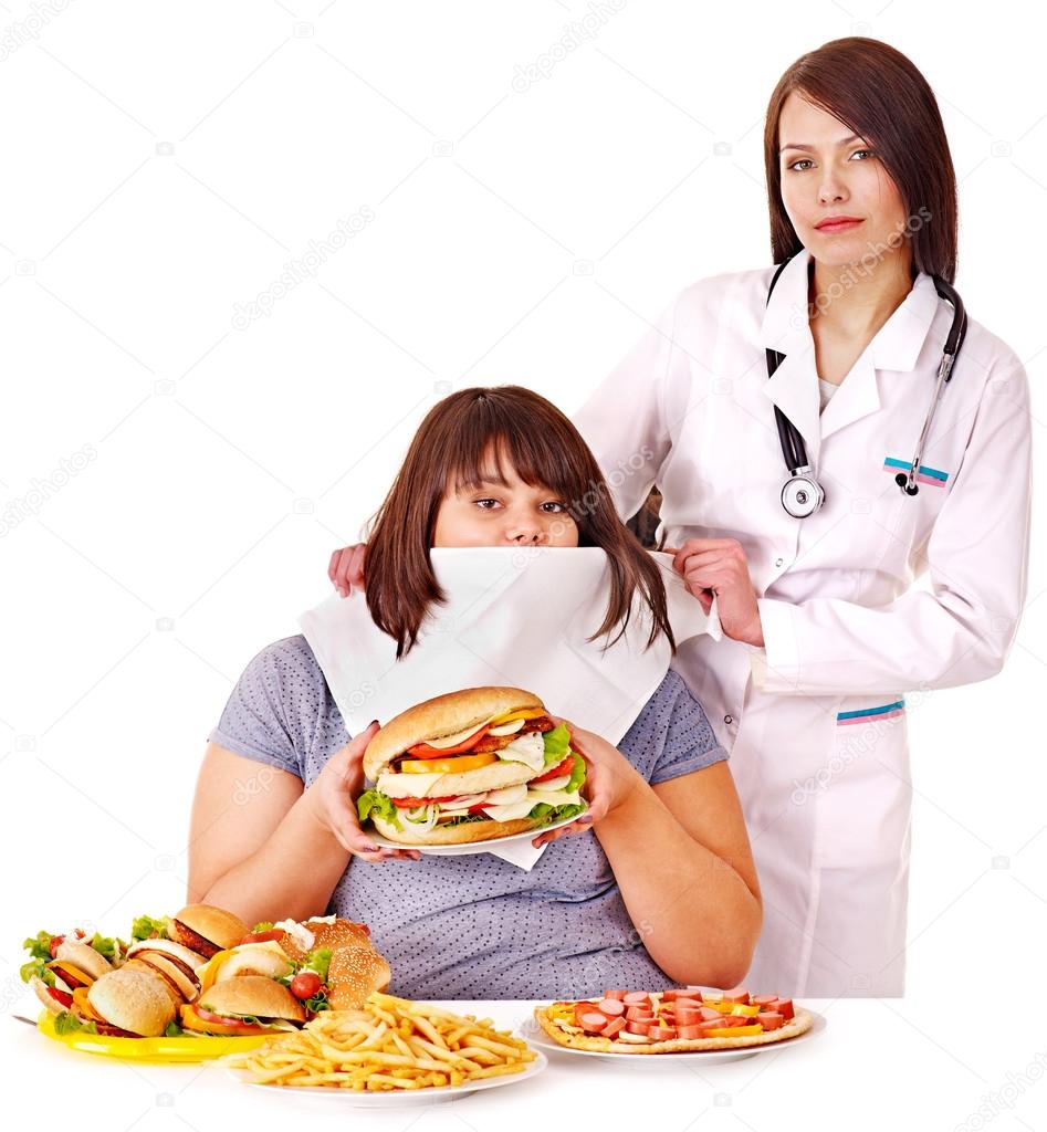 Woman with hamburger and doctor.