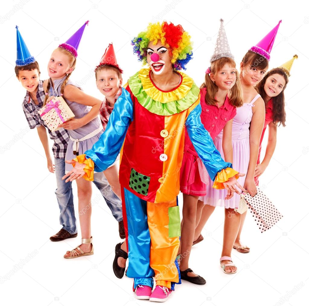 Birthday party group of teen with clown.