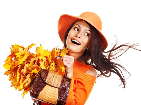 Woman holding orange handbag. — Stock Photo, Image