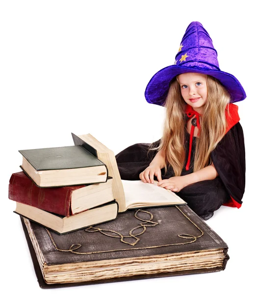 Witch little girl with stack book. . — Stock Photo, Image