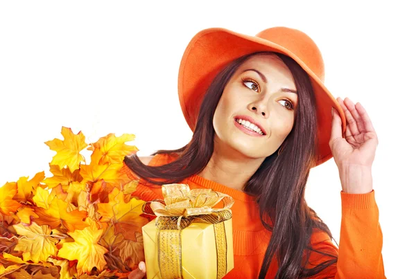 Woman holding autumn gift box . — Stock Fotó