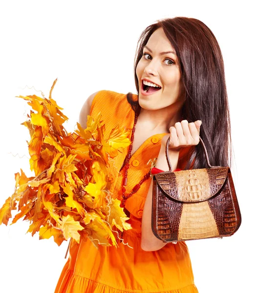 Woman holding orange handbag. — Stock Photo, Image