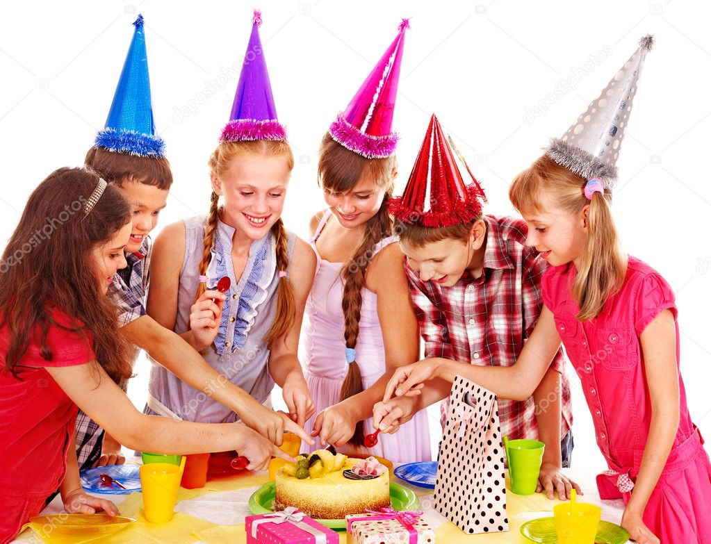 Birthday party group of child with cake.