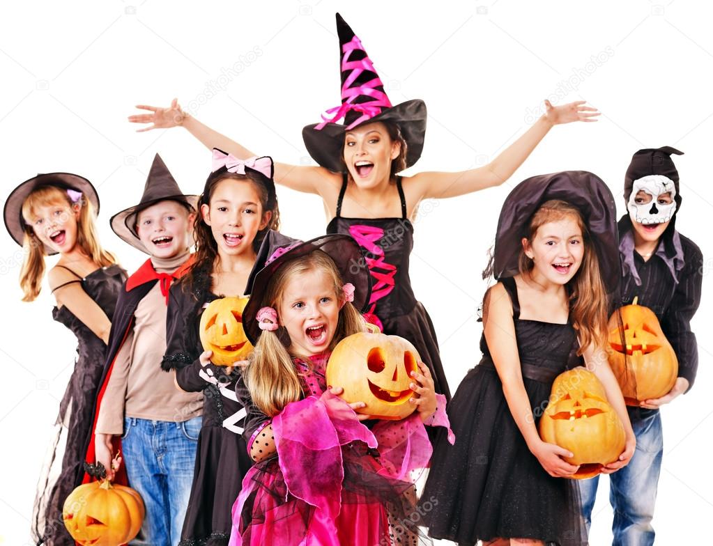 Halloween party with group kid holding carving pumpkin.