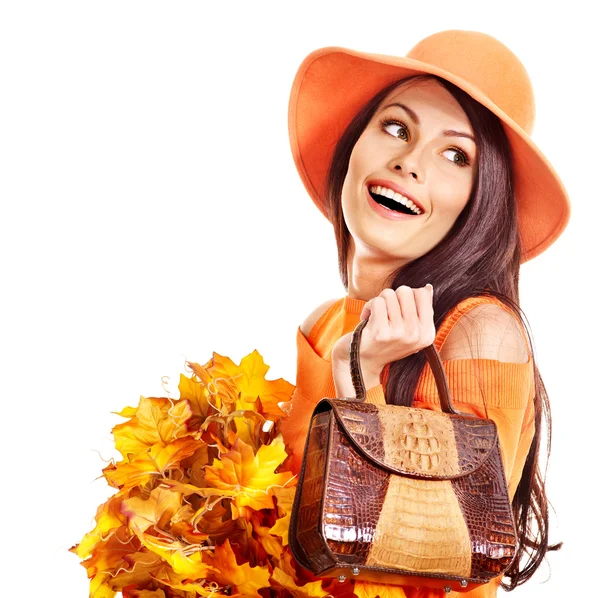 Woman holding orange handbag. — Stock Photo, Image