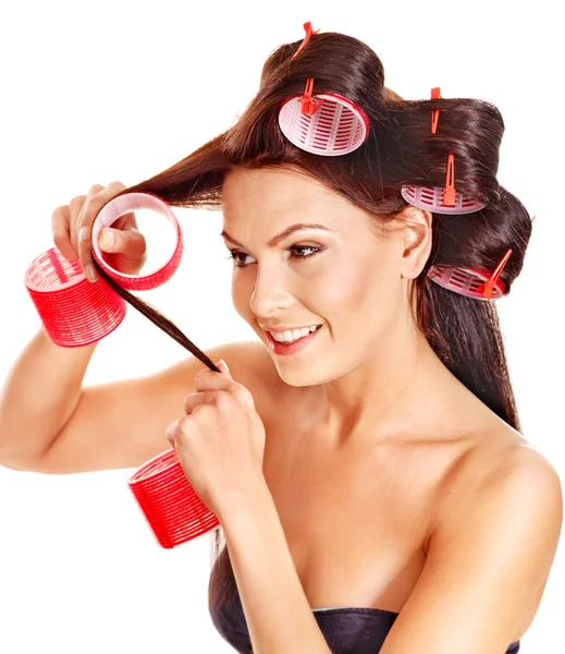 Woman wear hair curlers on head. — Stock Photo, Image