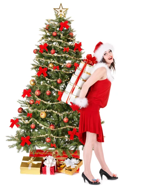 Christmas girl in santa hat holding red gift box. — Stock Photo, Image