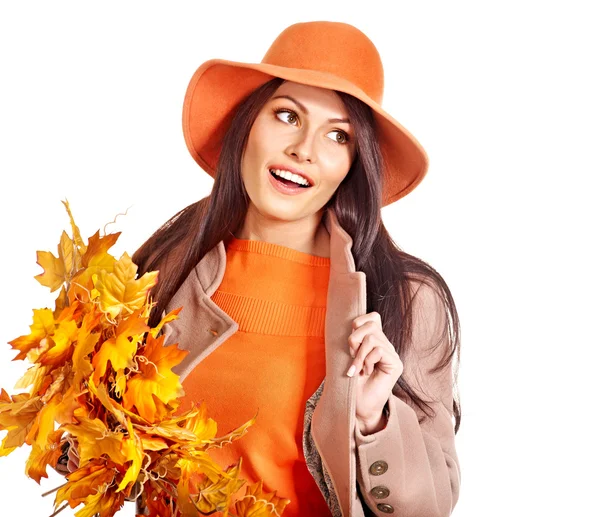 Woman holding orange leaves. — Stock Photo, Image