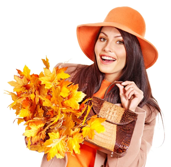 Vrouw bedrijf oranje handtas. — Stockfoto