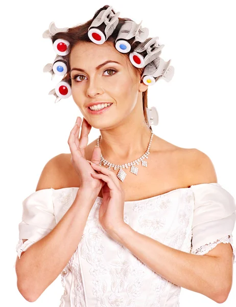 Woman wear hair curlers on head. — Stock Photo, Image