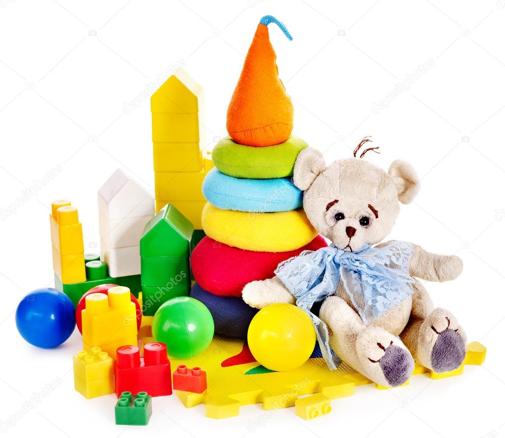 Children toys with teddy bear and ball.