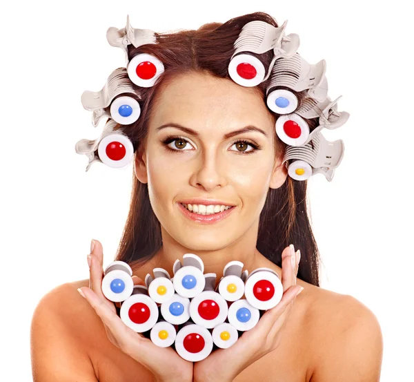 Woman wear hair curlers on head. — Stock Photo, Image