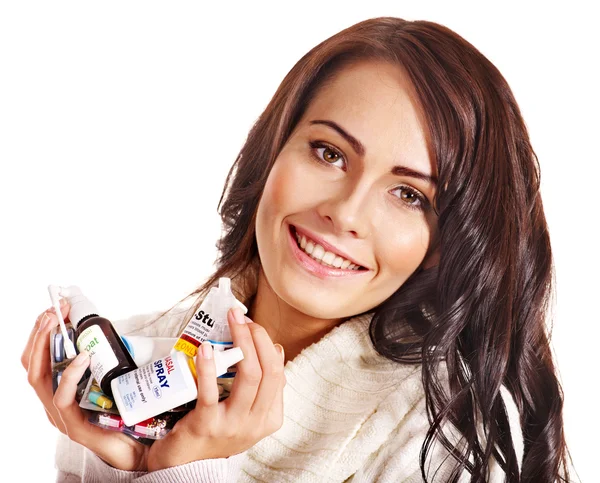 Mujer tomando pastillas y tabletas . — Foto de Stock