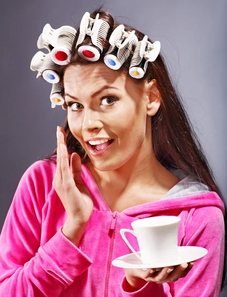 Woman wear hair curlers on head. — Stock Photo, Image