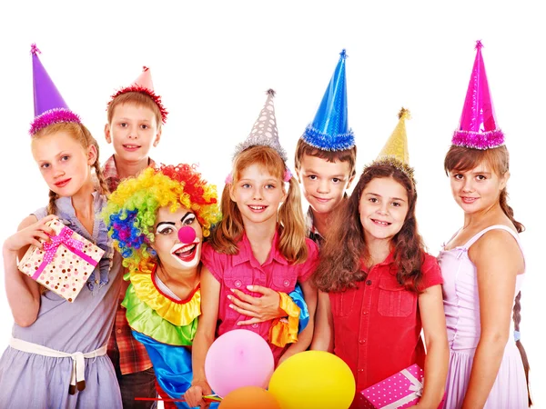 Birthday party group of teen with clown. — Stock Photo, Image