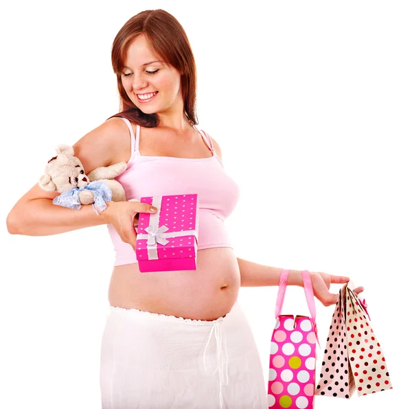 買い物袋の妊娠中の女性μαγνητική αλφάβητα. — ストック写真