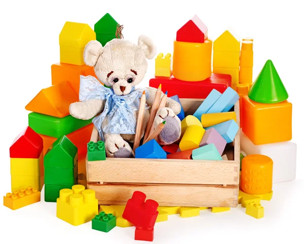 Children toys with teddy bear and cubes. — Stock Photo, Image