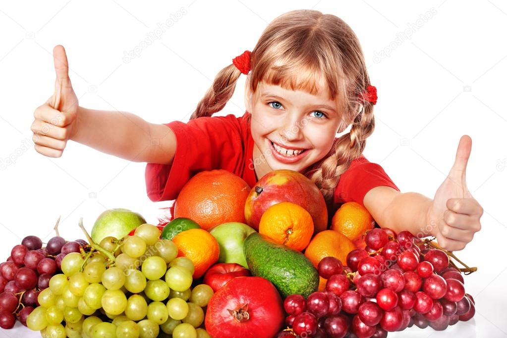 Child with group fruit and vegetable.