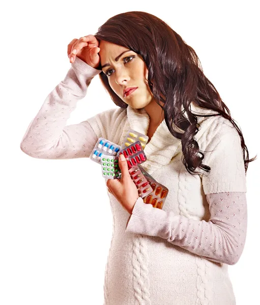 Frau mit Kopfschmerzen nimmt Pillen und Tabletten. — Stockfoto