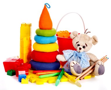 Children toys with teddy bear.