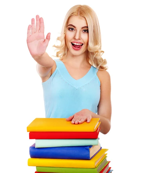 Menina com pilha livro mostrando polegar para cima . — Fotografia de Stock