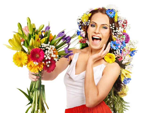 Mulher com buquê de flores . — Fotografia de Stock