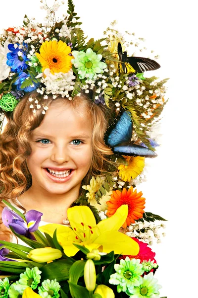 Pretty little girl with spring flowers in basket — Stock ...