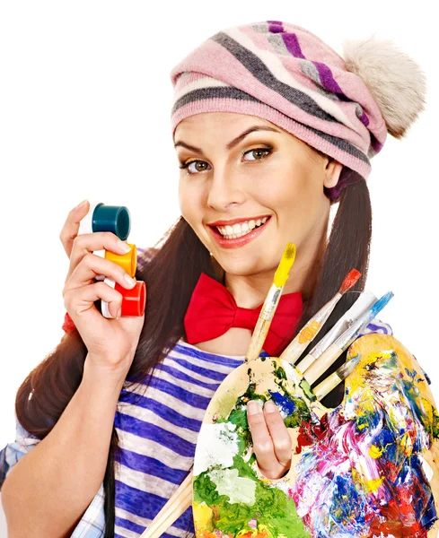 Mulher artista com paleta de tinta . — Fotografia de Stock