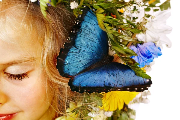 Child with butterfly and flower. — Stock Photo, Image