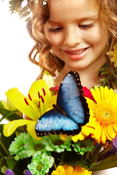 Child with butterfly and flower. — Stock Photo, Image