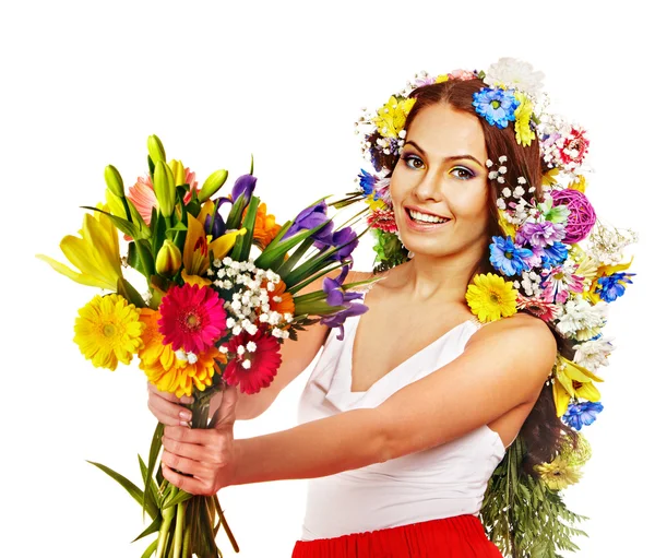 Femme avec bouquet de fleurs . — Photo