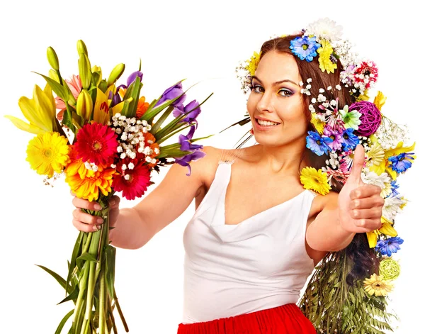 Kobieta z kwiat bukiet kciuk . — Zdjęcie stockowe